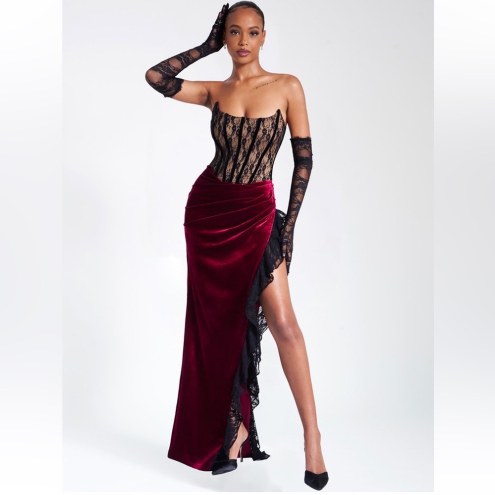 Wine and Black Lace and Velvet High Slit Maxi Dress - NWT